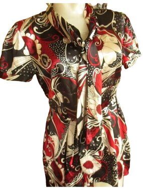 Small Sexy Blouse Top Tempted Womens Red Black Floral Short-Sleeve Tie-Waist